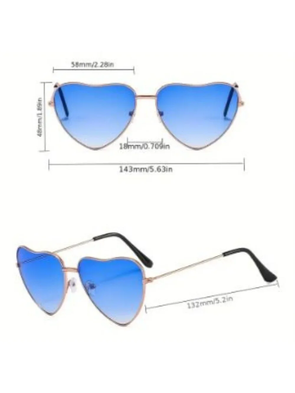 Heart-Shaped Blue Lenses Sunglasses With Gold Frame